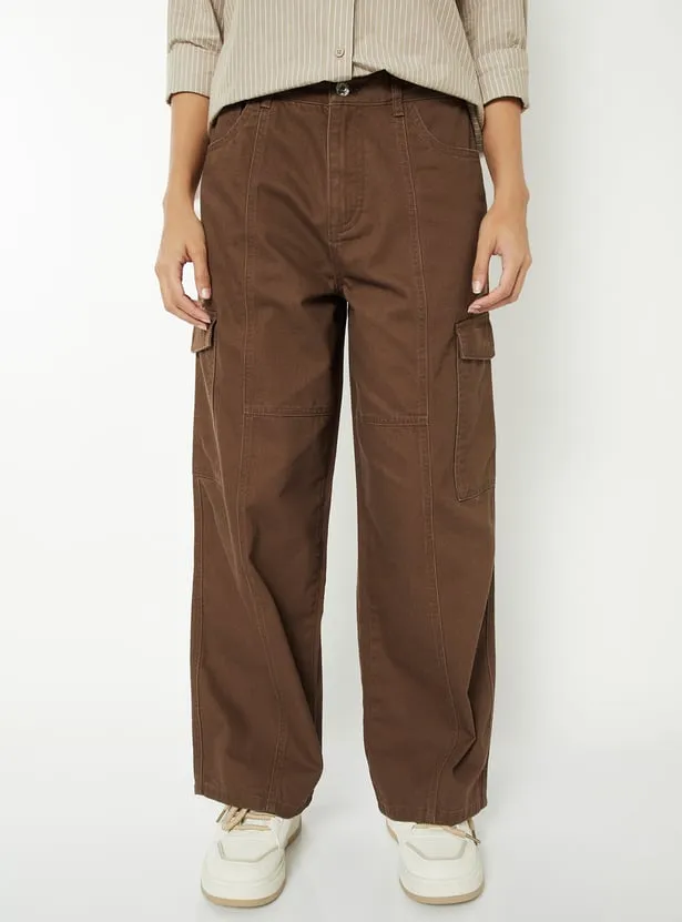 Women Solid Wide Leg High-Rise Cargo Jeans